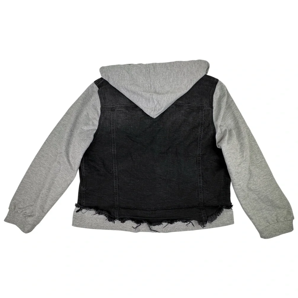 Risen Layered Denim Jacket Removable Hood Womens 2XL Black Distressed Gray Terry